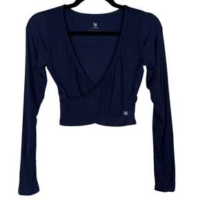 New Ododos Small Navy Blue Cropped Cross Wrap Front Long Sleeve Top Deep V Neck